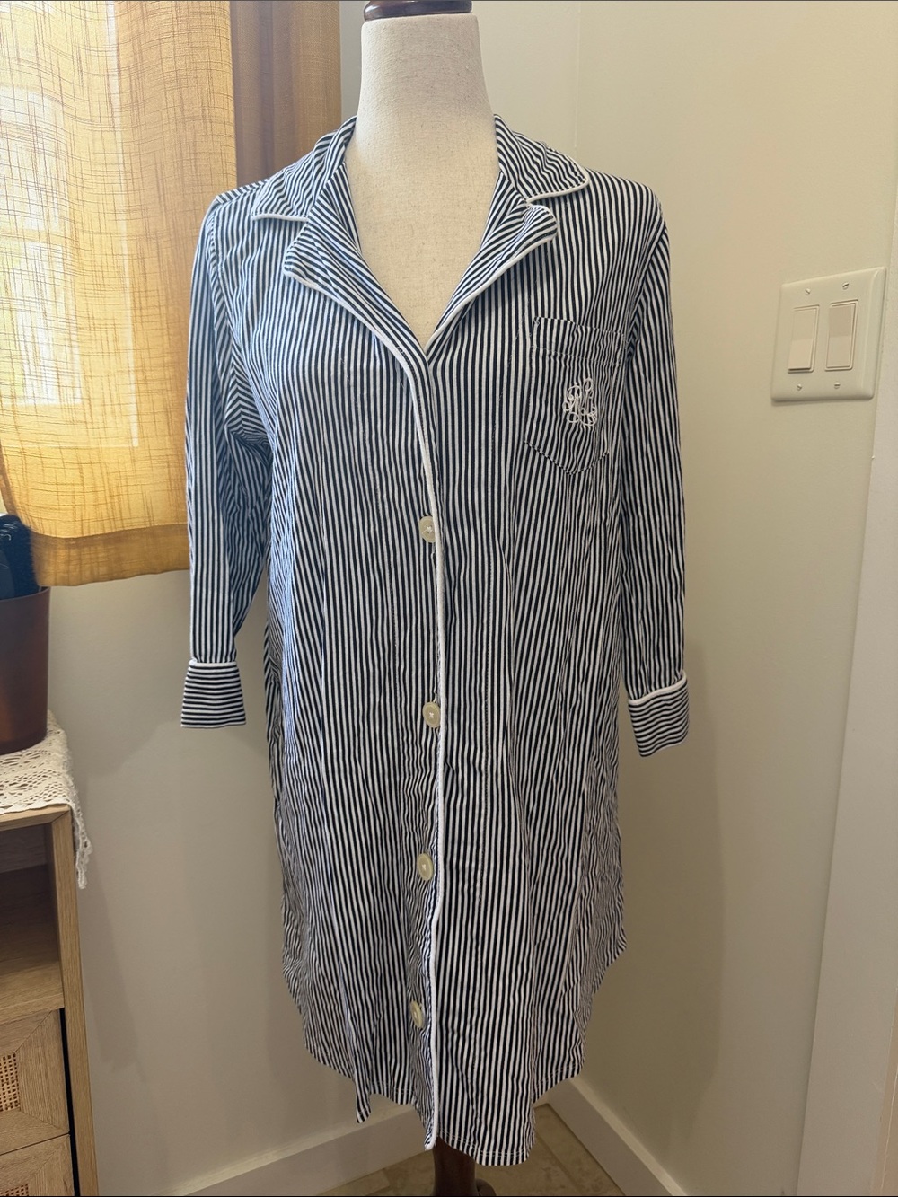 Lauren Ralph Lauren Navy and White Striped Long Nightshirt